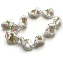10 20mm White with Pink and Green Flower Lampwork Glass Flat Oval Twist Beads