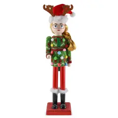 Ornativity Christmas Ugly Sweater Nutcracker &ndash; Red and Green Wooden Nutcracker Woman with an Ugly Sweater and Reindeer Hat Xmas Themed Holiday Nut Cracker Doll Figure Decorations