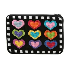 Cosmetic Purse - Hearts On Black - Needlepoint Kit Multicolor
