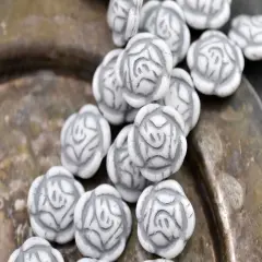 *6* 17mm Gray Washed Opaque White Rose Flower Coin Beads