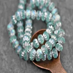 *25* 6x9mm Silver Washed Matte Blue Teal AB Fire Polished Cruller Rondelle Beads