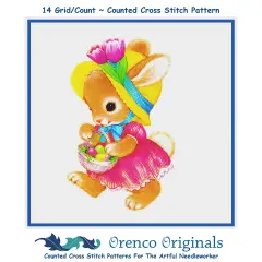 Contemporary Easter Bunny Pink Dress Basket of Eggs Counted Cross Stitch Pattern