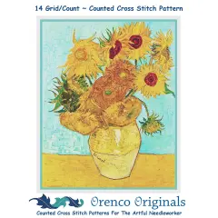 Vase of Sunflowers Teal Background by Vincent Van Gogh Counted Cross Stitch Pattern
