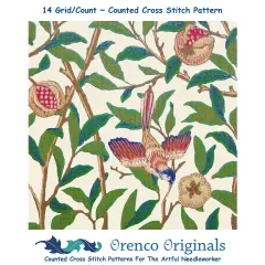New William Morris Bird and Fruit Detail in Earthtones Design Counted Cross Stitch Pattern
