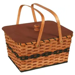 Amish-Made Hand-Woven Picnic Basket Natural Light Stain with Blue Stripe