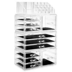 Casafield Acrylic Cosmetic Makeup Organizer & Jewelry Storage Display Case - Large 16 Slot, 2 Box & 9 Drawer Set - Clear