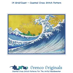 The Colorized Wave Kanagawa by Japanese artist Katsushika Hokusai Counted Cross Stitch Pattern