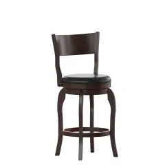Merrick Lane Tally 24" Classic Wooden Open Back Swivel Counter Height Pub Stool with Upholstered Padded Seat and Integrated Footrest Espresso/Black