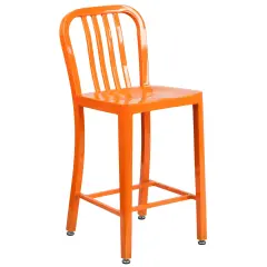Merrick Lane Santorini Galvanized Steel Indoor/Outdoor Counter Bar Stool With Slatted Back And Powder Coated Finish Orange