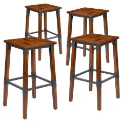 Merrick Lane Breton Backless Bar Height Stools with Steel Supports and Footrest - Set Of 4 Walnut Brown