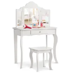 Kids Makeup Dressing Mirror Vanity Table Stool Set White