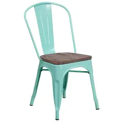 Merrick Lane Calumet Metal Stacking Chair with Curved, Slatted Back and Rustic Wood Seat Mint Green