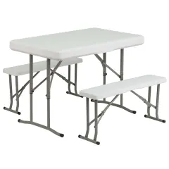 Emma and Oliver 3 Piece Portable Plastic Folding Bench and Table Set Granite White
