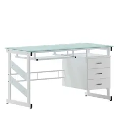 Emma and Oliver White Computer Desk with Frosted Glass Top and Three Drawer Pedestal Frosted/White