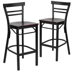 Emma and Oliver 2 Pack Two-Slat Ladder Back Metal Restaurant Barstool Mahogany/BlackMetal