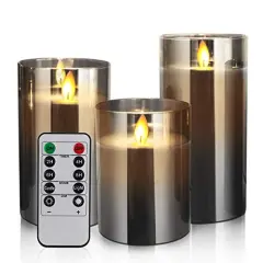 3 Pack Flameless Led Candles Flickering, Battery Operated Candles with Timer Remote, Glass Effect Candles Warm Color Moving Flame Light for Festival Wedding Home Halloween Decor, Black2
