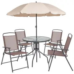 Emma and Oliver 6 Piece Patio Garden Set with Table, Umbrella and 4 Folding Chairs Brown