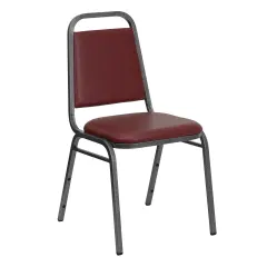 Emma and Oliver Trapezoidal Back Stacking Banquet Dining Chair - 1.5" Thick Seat BurgundyVinyl/Silver