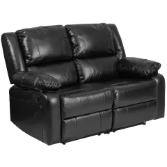 Emma and Oliver Bustle Back Loveseat with Two Built-In Recliners Black LeatherSoft