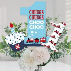 Big Dot of Happiness 1st Birthday Railroad Party Crossing - Steam Train First Birthday Party Centerpiece Sticks - Table Toppers - Set of 15