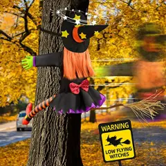 Crashing Witch Decor, Halloween Decorations Clearance Outdoor Witch Props Ornaments, Hanging into Tree/Porch Pole/Door/Indoor/Yard, with Adjustable Band, Outside Garden Funny Witches Flying Crashed