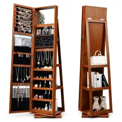 360&deg; Rotatable Armoire 2-in-1 Lockable Mirrored Jewelry Cabinet Brown