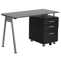 Emma and Oliver Computer Desk with Tempered Glass Top and Three Drawer Pedestal Black