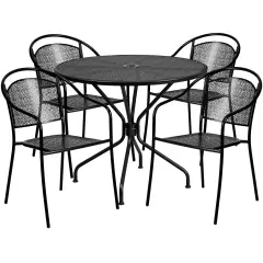 Emma and Oliver Commercial 35.25" Round Metal Garden Patio Table Set w/ 4 Round Back Chairs Black