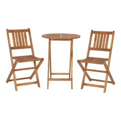 Merrick Lane Stora Three Piece Solid Acacia Wood Folding Patio Bistro Set with Lightweight Round Table and Two Chairs Natural