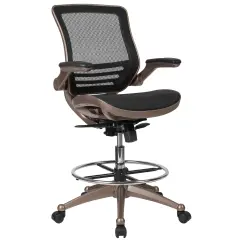 Emma and Oliver Mid-Back Transparent Mesh Drafting Chair with Flip-Up Arms BlackMesh/GoldFrame