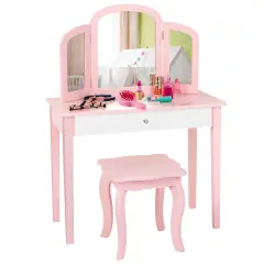 Kids Princess Make Up Dressing Table with Tri-folding Mirror and Chair Pink