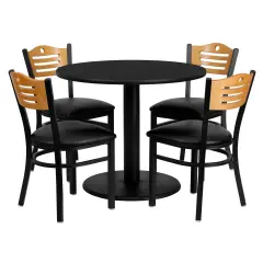 Emma and Oliver 36'' Round Laminate Table Set with 4 Wood Slat Back Metal Chairs Black