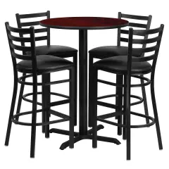 Emma and Oliver 30" Round Laminate Table Set with X-Base and 4 Ladder Back Stools MahoganyTop/BlackVYL