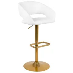 Merrick Lane Rothko Modern Bar Stool Rounded Mid-Back Stool With Height Adjustable Swivel Seat WhiteVinyl/GoldFrame