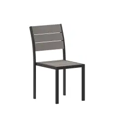 Emma and Oliver Fena Outdoor Stacking Side Chair with Faux Teak Poly Slat Seat, Back and Arms and Metal Frame Gray