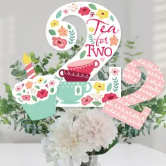 Big Dot of Happiness 2nd Birthday Tea for Two - Garden Second Birthday Party Centerpiece Sticks - Table Toppers - Set of 15