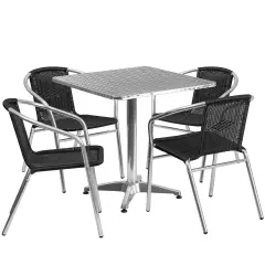 Emma and Oliver 27.5" Square Aluminum Garden Patio Table Set with 4 Rattan Chairs Black