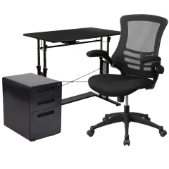 Emma and Oliver Work From Home Kit-Adjustable Computer Desk, Mesh Office Chair, Filing Cabinet Black
