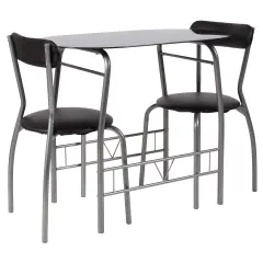 Emma and Oliver 3 Piece Space-Saver Glass Bistro Set with Vinyl Padded Chairs Black