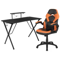 Emma and Oliver Gaming Desk and Racing Chair Set with Headphone Hook, and Monitor Stand Orange
