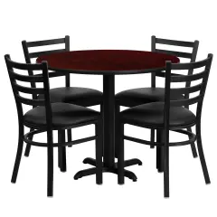 Emma and Oliver 36" Round Laminate X-Base Table Set with 4 Ladder Back Chairs MahoganyTop/BlackVYL