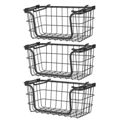 Oceanstar Stackable Metal Wire Storage Basket Set for Pantry, Countertop, Kitchen or Bathroom, Black, Set of 3