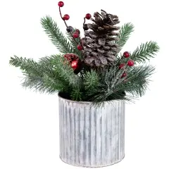 Northlight 12" Frosted Pine, Berries and Pine Cones Floral Arrangement in Tin Pot Green