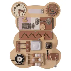 Wooden Sensory Bear Shaped Learning Toddler Busy Board for Playroom, Nursery, Preschool, and Doctors' Office Pink