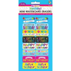 Non-Magnetic Mini Whiteboard Erasers, Happy Birthday, Pack of 16
