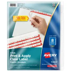 Avery 8 Tab Plastic Dividers for 3 Ring Binder, Easy Print & Apply Clear Label Strip, Index Maker Customizable Frosted White Tabs, 1 Set (11450)