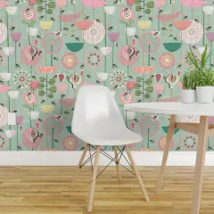 Peel & Stick Wallpaper 2FT Wide Bees Fly Pastel White Green Flowers Pink Large Atomic Style Mint Modern Custom Removable Wallpaper by Spoonflower