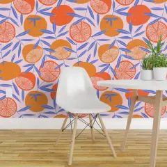 Pre-Pasted Wallpaper 2FT Wide Bright Citrus Orange Tropical Vector Art Hand-Drawn Tangerine Custom Pre-pasted Wallpaper by Spoonflower