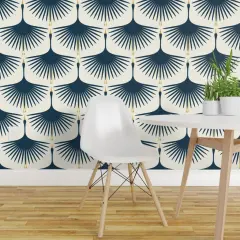 Peel & Stick Wallpaper 2FT Wide Dark Blue Swans And Cream Mid Century Modern Art Deco Inspired Flying Cranes Custom Removable Wallpaper by Spoonflower