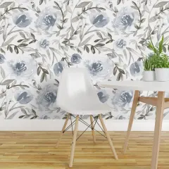 Peel & Stick Wallpaper 2FT Wide Blue Leaves Wild Flowers Watercolor Botanical Florals Wildflowers Floral Custom Removable Wallpaper by Spoonflower